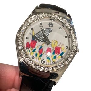 Butterfly Tulips Rhinestone Leather Band Cuff Watch - NEEDS BATTERY